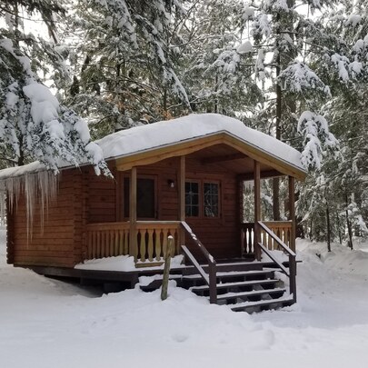 One of Gunstock's rustic cabins that guests can rent during the winter