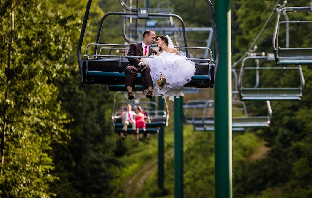 wedding couple on chairlift